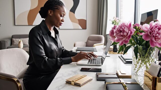 Successful Black Woman Working on Laptop in Stylish Office with Elegant D?cor