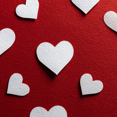 White Paper Hearts on Red Textured Background