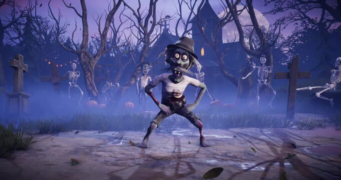Halloween party: Funny zombies dancing in a scary gothic cemetery. 3D animated background for holiday cards, invitations, posters, events, and parties.