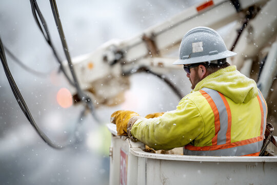 Rear view of a utility lineworker in high-visibility parka in a bucket truck repairing an iced overhead power line as snow falls, cool overcast light with soft background blur