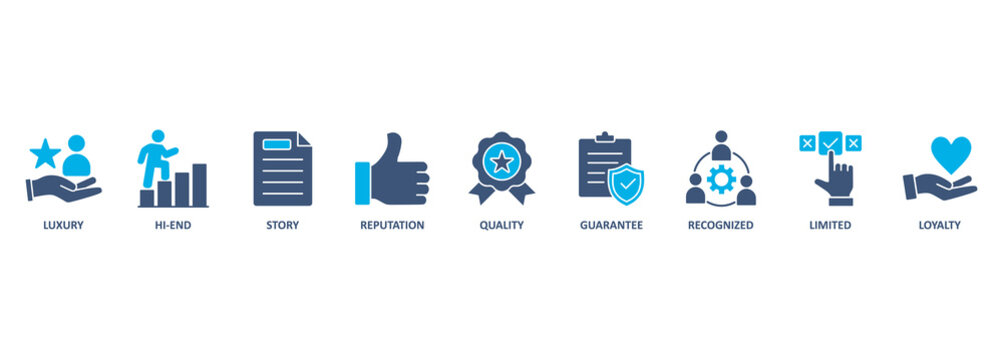 Super brand banner web icon vector illustration concept with icon of luxury, hi-end, story, reputation, quality, guarantee, recognized, limited and loyalty 