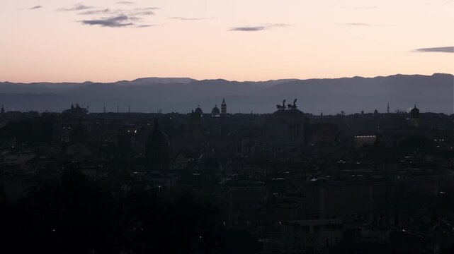 Rome winter skyline at sunrise from Gianicolo with Vittoriano, Campidoglio, Ara Coeli, and Torre delle Milizie