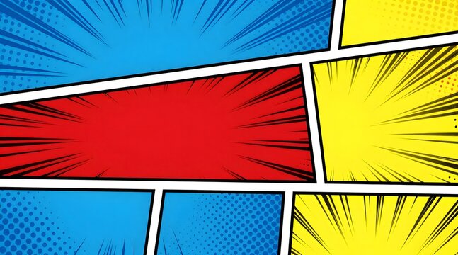 Comic book page with radial speed lines and halftone dots backdrop