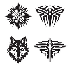 Minimalist Black and White Vector Graphics: Stylized Wolf Mascot, Tribal Wings, and Star Ornaments