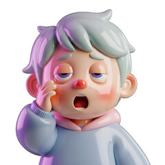 Fototapeta premium A sleepy cartoon style boy with rosy cheeks and light blue hair yawns widely appearing tired and adorable on transparent background high-quality