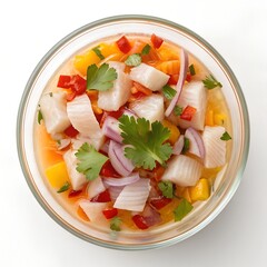 Fresh and delicious seafood salad with mango and red peppers white background
