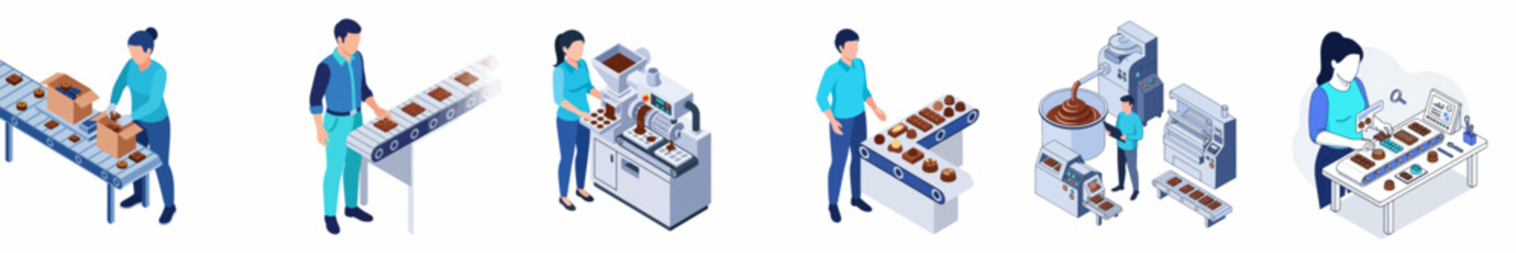 Isometric Chocolate Production Process with People and Machines Illustration