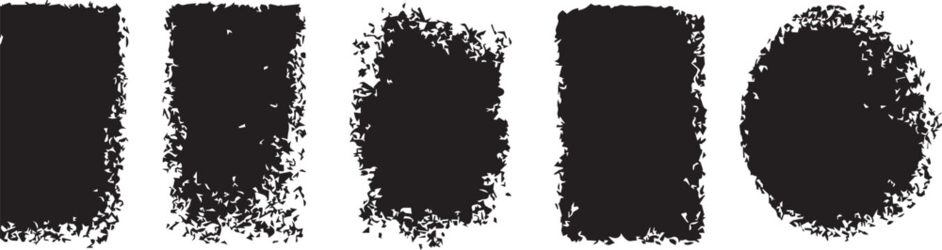 Set of five black grunge distressed texture frame with transparent background, collection of rough edges square and circle shapes