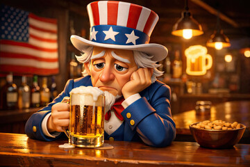 Sad Depressed American Uncle Sam Character at a Bar Drinking his Sarrows