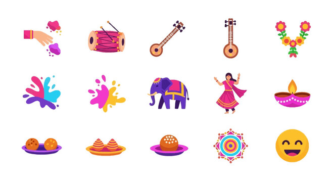 Indian Festival Icons Collection Featuring Holi Colors Elephant Dance Food and Diya Lamps.