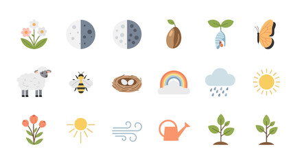 Fototapeta premium Spring Season Icons Collection Nature Elements and Weather Symbols.