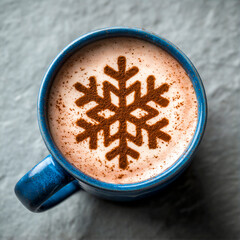 Blue coffee cup with a snowflake design on it. The snowflake is made of chocolate and cinnamon