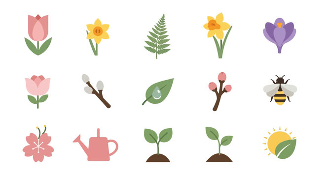 Spring season flat icon set with flowers and plants.