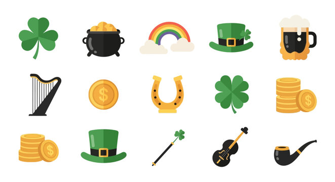St Patricks Day Icons Set with Shamrocks, Gold, and Leprechaun Hats.