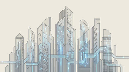 Futuristic cityscape with abstract blue lines and skyscrapers.