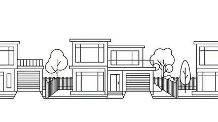 Modern residential building complex with fenced yards and trees.