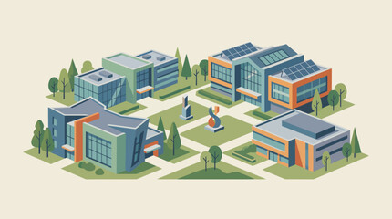 Isometric illustration of a modern office complex with green spaces.