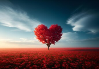 A Vibrant Heart Shaped Tree Stands in a Field of Red Flowers Under a Dramatic sky