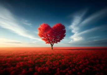 A Vibrant Heart Shaped Tree Stands in a Field of Red Flowers Under a Dramatic sky
