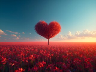 A Vibrant Heart Shaped Tree Stands in a Field of Red Flowers Under a Dramatic sky