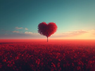 A Vibrant Heart Shaped Tree Stands in a Field of Red Flowers Under a Dramatic sky