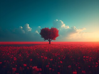 A Vibrant Heart Shaped Tree Stands in a Field of Red Flowers Under a Dramatic sky