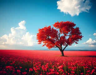 A Vibrant Heart Shaped Tree Stands in a Field of Red Flowers Under a Dramatic sky