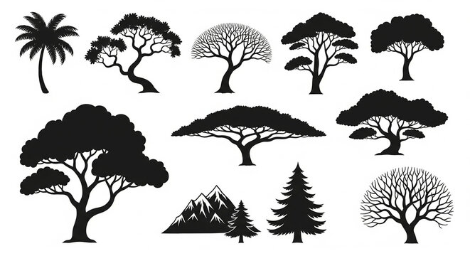 collection of isolated tree silhouettes from
 multpal climate zones in clean flat vector 
style on white background 