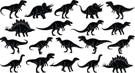Dinosaur silhouette set, T rex Triceratops Stegosaurus Sauropod icon, prehistoric animal symbol, paleontology design, black white, flat vector illustration © MD Tariful islam