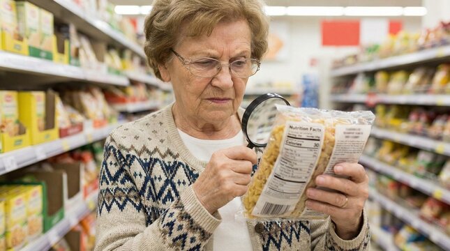 Elderly woman examining food label with magnifying glass, focused and attentive in a grocery store aisle, highlighting importance of careful shopping and nutrition awareness in seniors