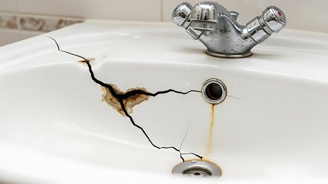 Cracked Bathroom Sink with Leaking Faucet.