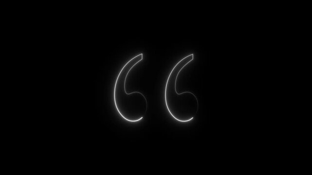 Glowing neon white quotation Mark icon on black background. 4k video