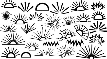 Fototapeta premium Collection of sunburst and sunrise icons diverse graphic elements for design representing light energy and new beginnings isolated on white background