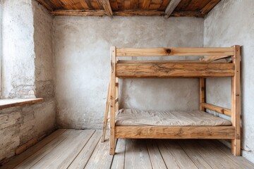 Rustic wooden bunk bed stands ready inside a room with aged concrete walls and timber ceiling