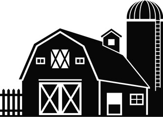 Farm Barn and Silo Silhouette Illustration, Rural Agriculture Building with Fence, Black Countryside Farm Clipart for Farming, Livestock, and Country Design © Dulal Creatives