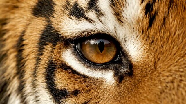 A close-up view of the majestic tiger's eye, capturing its captivating gaze and intricate stripe pattern, embodies both the beauty and the untamed essence of the animal kingdom.