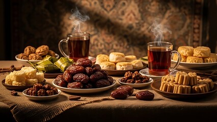 Fototapeta premium Assorted baked goods and tea on table.