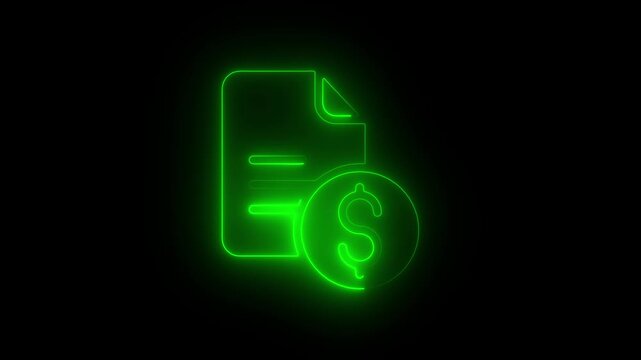 Neon Green Document with Dollar Sign Financial Icon Animation on Black Background