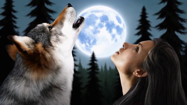 Woman and wolf face to face then howling together at full moon in pine forest at night