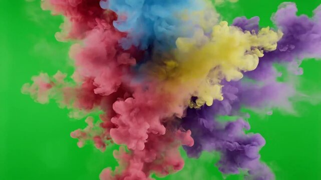 Exploding colorful powder cloud on green background abstract design