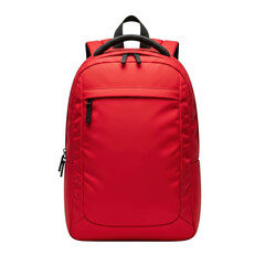 Fototapeta premium Red backpack with multiple pockets and black handle isolated on transparent background