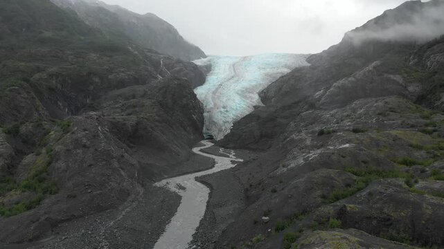 Aerial close view of Exit Glacier texture and crevasses 