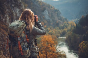 Hiking through scenic autumn landscape with a woman capturing nature's beauty by the river and mountains in the background