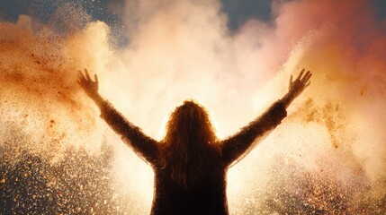 Naklejka premium Person celebrates in a cloud of colorful powder during a festival at sunset