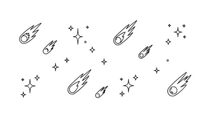 Modern hand-drawn comet and star vector illustrations in black outline for space graphics © Maslima