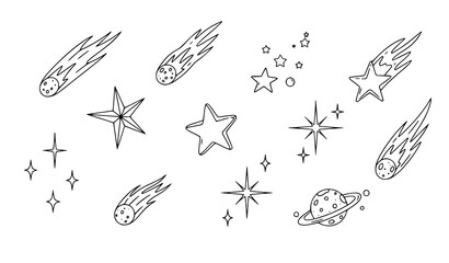 Minimalist black outline comet and star illustration collection for cosmic and astronomy designs © Maslima