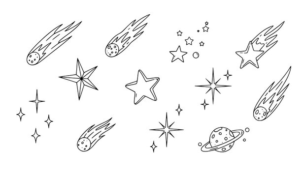 Minimalist black outline comet and star illustration collection for cosmic and astronomy designs