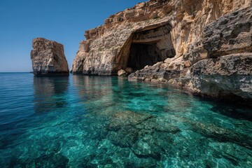 Scuba diving in Dwejra Bay, Gozo reveals stunning underwater scenery and dramatic cliffs under bright blue skies