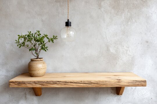 Rough hewn wooden shelf supports a small potted plant beneath a suspended bare light bulb against a distressed gray wall