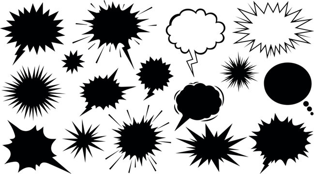 A collection of various thought bubble and explosion graphic designs in black and white isolated on white background, Vector
